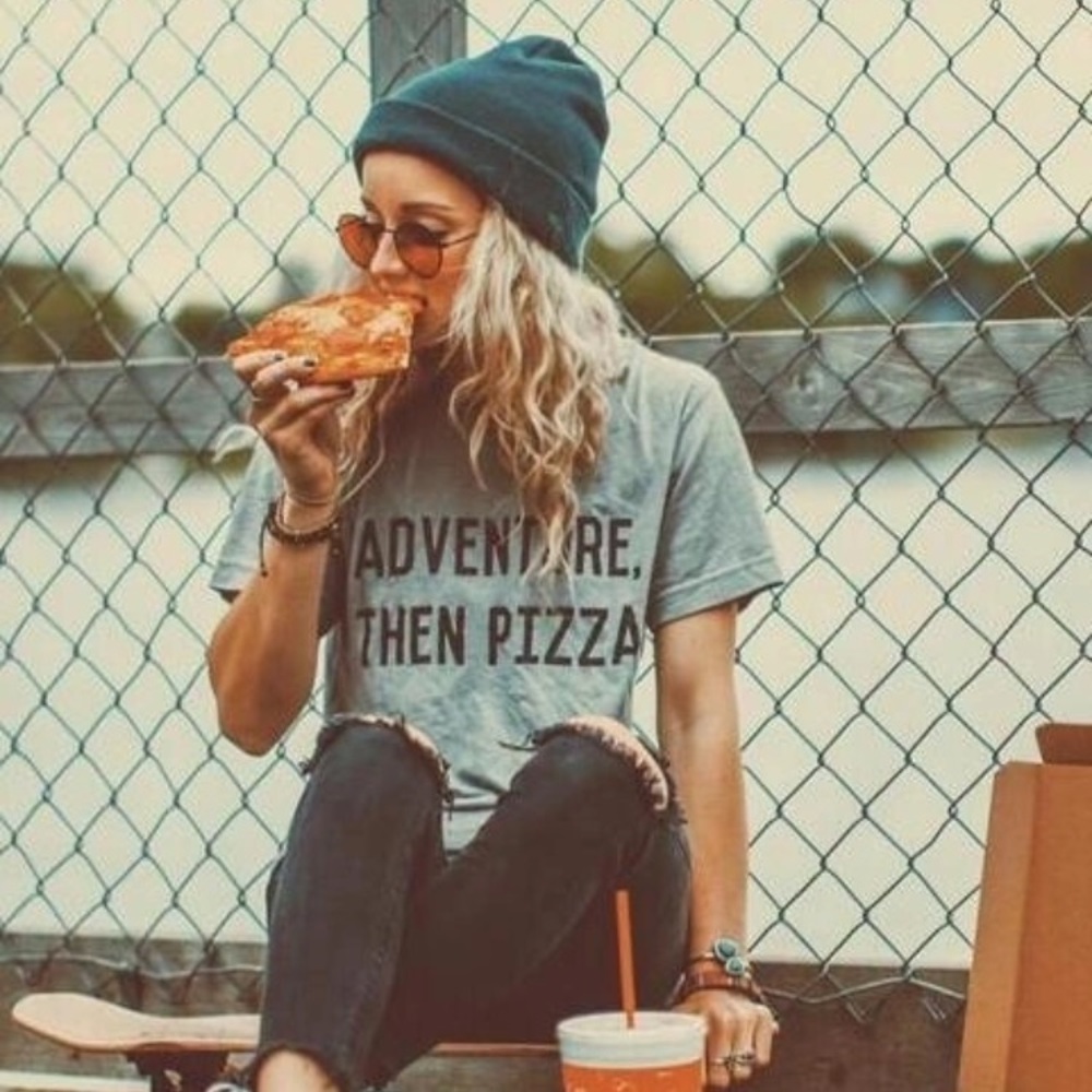 Adventure Then Pizza Gray Graphic Tee T Shirt New